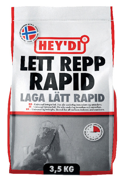 Förpackning med texten "HEY'DI LETT REPP RAPID LAGA LÄTT RAPID" och en bild av någon som spacklar.