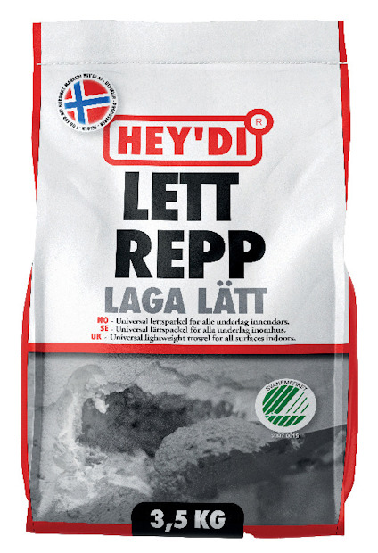 Förpackning med Hey'di Lett Repp Laga Lätt spackel, 3,5 kg, med norsk kvalitetsmärkning.