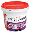 Vit plasthink med röd lock, märkt "HEY'DI UNIFLEX" och "2 KG", med grafisk design i vitt och blått.