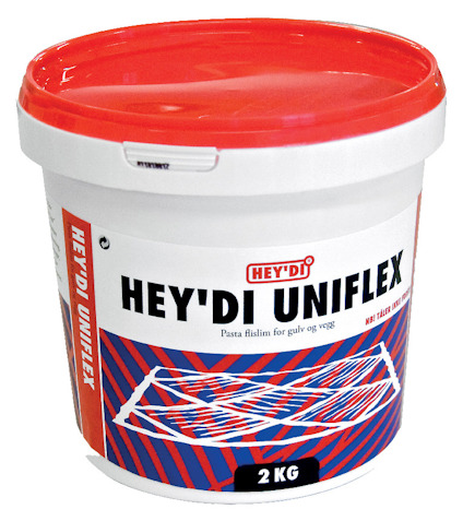 Vit plasthink med röd lock, märkt "HEY'DI UNIFLEX" och "2 KG", med grafisk design i vitt och blått.