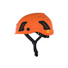 Orange skyddshjälm med justerbart hakband, svarta ventilationsöppningar och en Mips-logotyp på sidan.