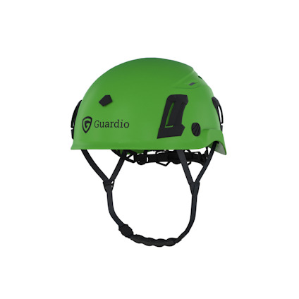 Grön hjälm med svart logotyp och text "Guardio" mot blå bakgrund.