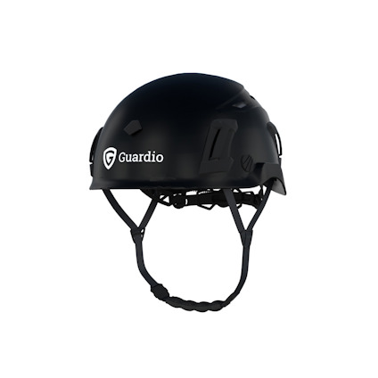 Svart skyddshjälm med logotypen "Guardio" på sidan.