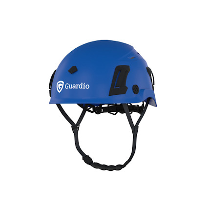 Blå skyddshjälm med logotypen "Guardio" och två svarta spännen på sidan.