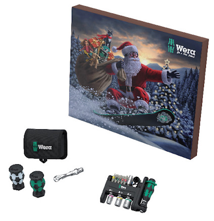 Adventskalender med jultomtemotiv, verktygsset från Wera inklusive bits och skruvmejsel, samt en liten svart förvaringsväska.