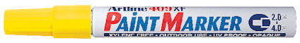 Gul kork och silverfärgad kropp med blå och röd text: "Artline 409XF Paint Marker".