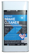 Rektangulär vit metallbehållare med etikett "Premium Brake Cleaner" och varningssymboler.