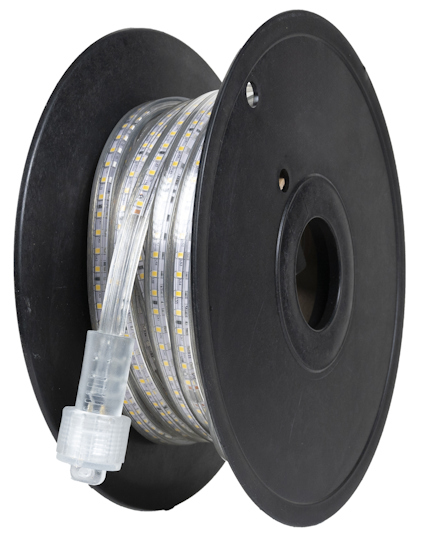 Svart spole med genomskinlig, flexibel LED-slinga virad runt. LED-lamporna är synliga genom slingan.