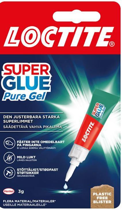 Förpackning av Loctite Super Glue Pure Gel med text på framsidan.