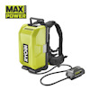 Grön batteriryggsäck med logotyperna "RYOBI" och "MAX POWER". Svarta remmar och en ansluten batterienhet visas.