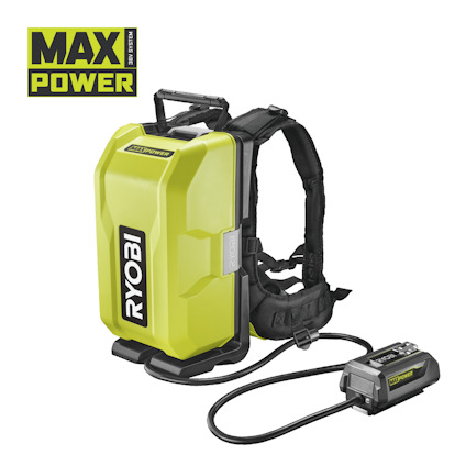 Grön batteriryggsäck med logotyperna "RYOBI" och "MAX POWER". Svarta remmar och en ansluten batterienhet visas.