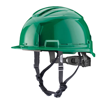 Grön skyddshjälm med ventilation och svart hakrem.