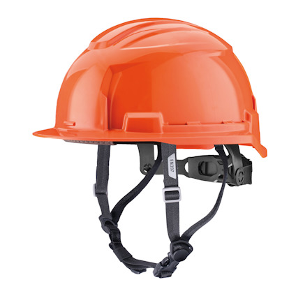 Orange skyddshjälm med justerbar hakrem och svart insida.