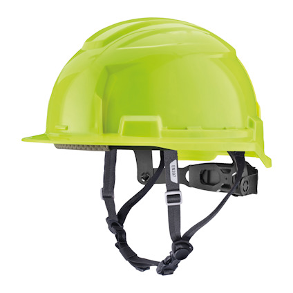 Skyddshjälm i gul high-visibility-färg med justerbar hakrem och ventilationshål.