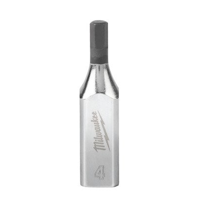 Silverfärgad insexbits med texten "Milwaukee" och siffran "4" ingraverad på sidan.