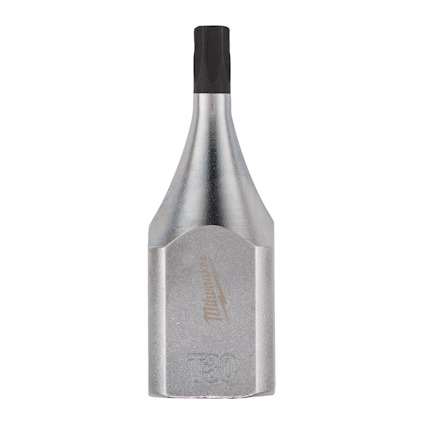 Metallisk bitshylsa med Torx T30-spets och ingraverad text som visar "Milwaukee T30".