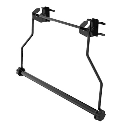 Svart metallhållare för torkrulle med två väggfästen och en tvärgående stång.