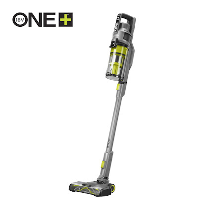 Batteridriven skaftdammsugare med grå och grön design av märket RYOBI, märkt "18V ONE+".