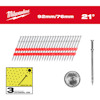 Rader av duplexspik bundna med rött material bredvid text som säger "Milwaukee 92mm/76mm 21°". En närbild av en enskild spik och en cirkel med