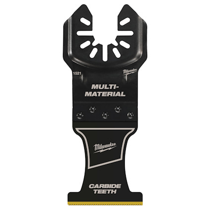 Svart sågtillbehör med texten "Milwaukee", "MULTI-MATERIAL", "CARBIDE TEETH" och formen av ett tandat blad.