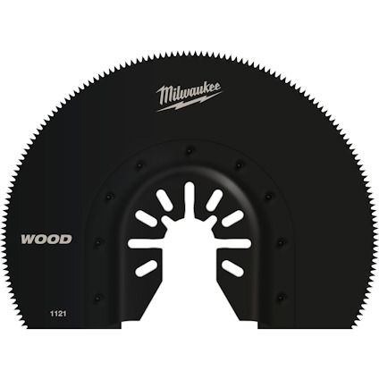 Sågblad i svart med tandad kant och texten "Milwaukee" och "WOOD".