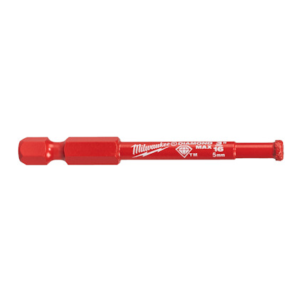 Röd borr med texten "Milwaukee" och "Diamond MAX 5mm".