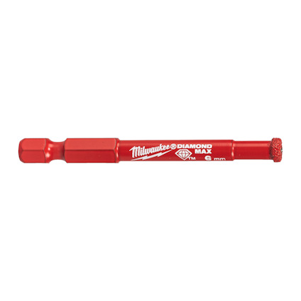 Rött diamantborr med texten "Milwaukee Diamond Max 6 mm", sexkantigt skaft.