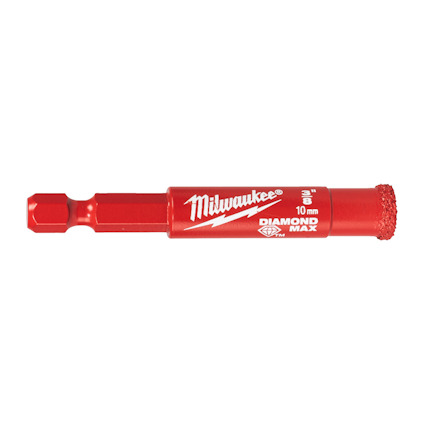 Röd borr med diamantbelagd spets och texten "Milwaukee DIAMOND MAX 10mm".