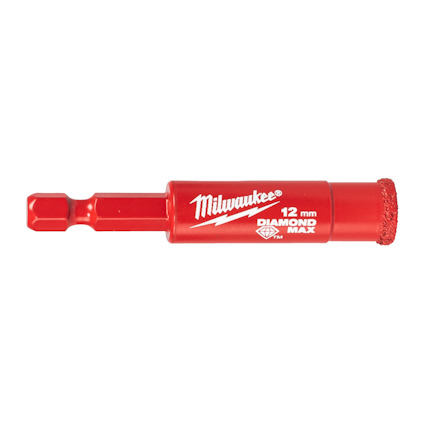 Rött diamantborr med texten "Milwaukee 12 mm Diamond Max" och en sexkantig fäste.