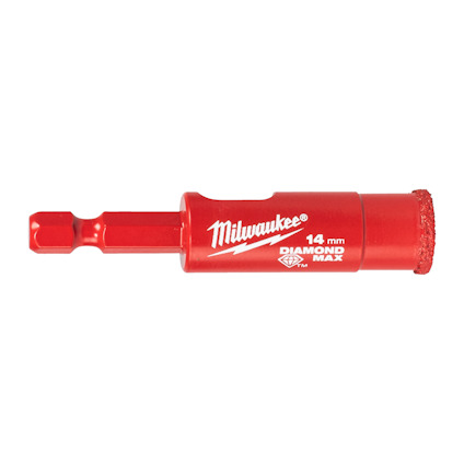 Rött diamantborr med texten "Milwaukee 14 mm DIAMOND MAX" tryckt i vitt på sidan.