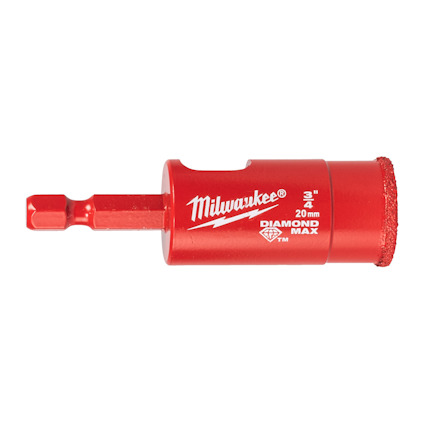 Röd diamantborr med text: "Milwaukee 3/4 20 mm DIAMOND MAX" och en sexkantig fäste.
