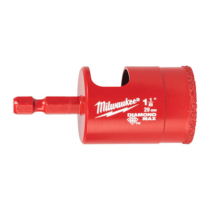Röd diamantborr med sexkantigt fäste, märkt "Milwaukee" samt måttangivelsen 1 1/8” 29 mm.