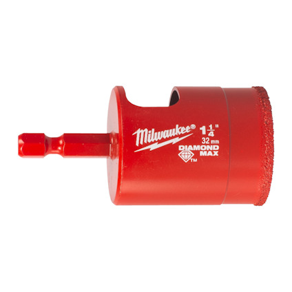 Röd diamantborr med texten "Milwaukee 1 1/4 32 mm DIAMOND MAX" och en sexkantig fattning.