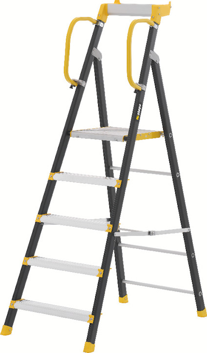 Stege med sex steg, svart och gul med grå steg och räcken längst upp.