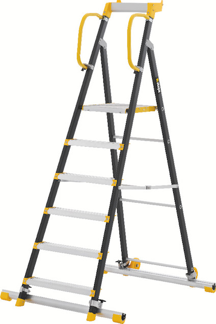 Stege med sex steg, svart och gul färg, säkerhetshandtag och stabilisatorstång.