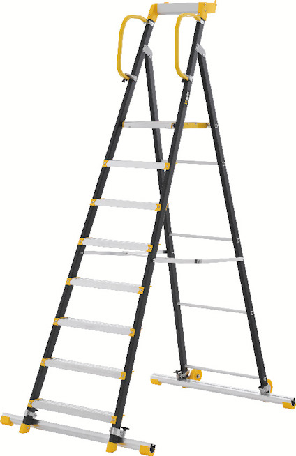 Stege med nio steg och gula säkerhetshandtag, fristående design.