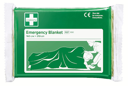 Förpackning med grön första hjälpen-filt med illustration av en person insvept i filten. Text: "Emergency Blanket".