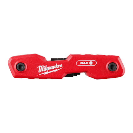 Röd, vikbar insexnyckelsats med texten "Milwaukee" och "SAE" i vitt.