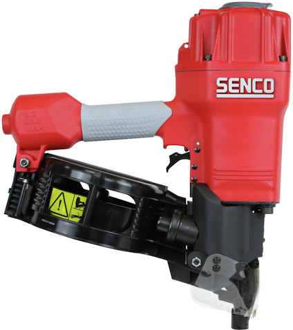 Röd Senco spikpistol med grått handtag och svart magasin.