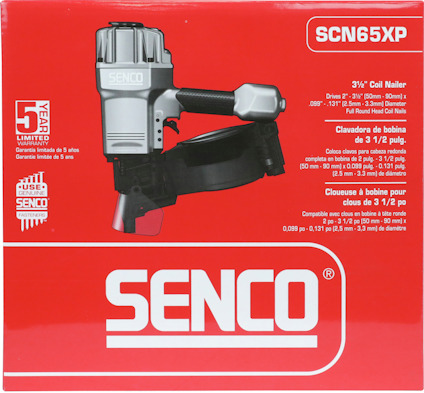 Röd förpackning med en spikpistol Senco SCN65XP och text om produktens specifikationer och garanti.