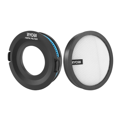 Två svarta cylindriska filter med texten "RYOBI HEPA FILTER" på framsidan. Ett filter visar en vit filteryta.