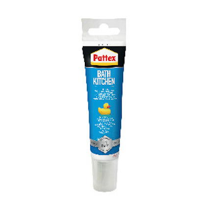 Vit tub med texten "Pattex Bath Kitchen" och bild på en gul badanka, mot en blå bakgrund.