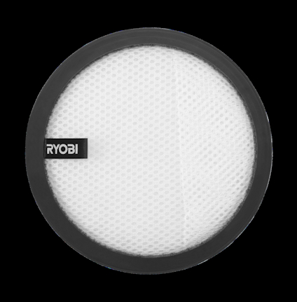 Rund vit filterplatta med svart ram och etikett med texten "RYOBI".