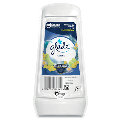 Doftblock med etikett som visar "Glade Marine", blommor och text på flera språk.
