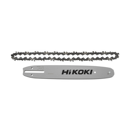 Sågsvärd och kedja med texten "Hikoki" i svart på svärdet.