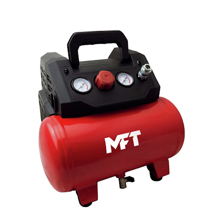 Röd, oljefri luftkompressor med svart handtag och två tryckmätare, samt ett munstycke ovanpå. Märkt med "MFT".