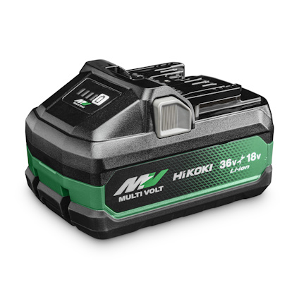 Svart och grön Hikoki Multi Volt batteri med texten "36V + 18V Li-ion".