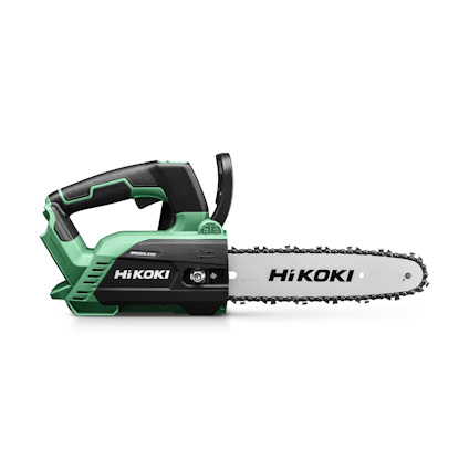 Grön och svart batteridriven kedjesåg med märket HiKOKI, utan synligt batteri.