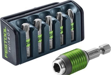 Bitskassett med sex bits och ett grönt, sexkantsfäst bithållare. Märket "Festool" syns på både kassetten och hållaren.