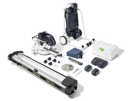 Kap- och geringssåg med stativ, två batterier, laddare, sågblad och förvaringslåda. Märke: Festool.